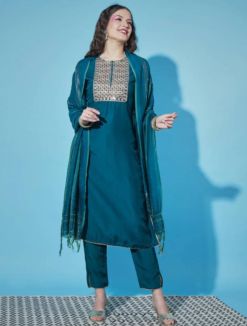 Teal cotton silk jacquard designer festive wear readymade suit
