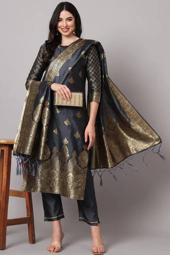 Grey cotton silk jacquard designer festive wear readymade suit