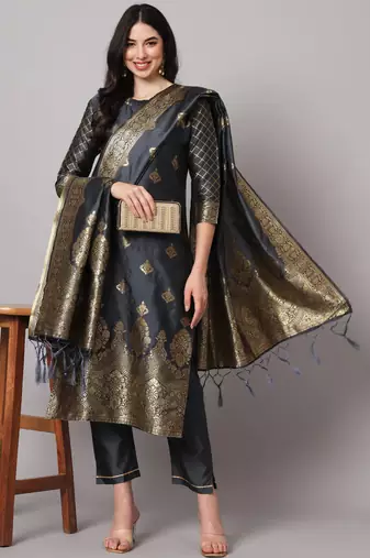 Grey cotton silk jacquard designer festive wear readymade suit