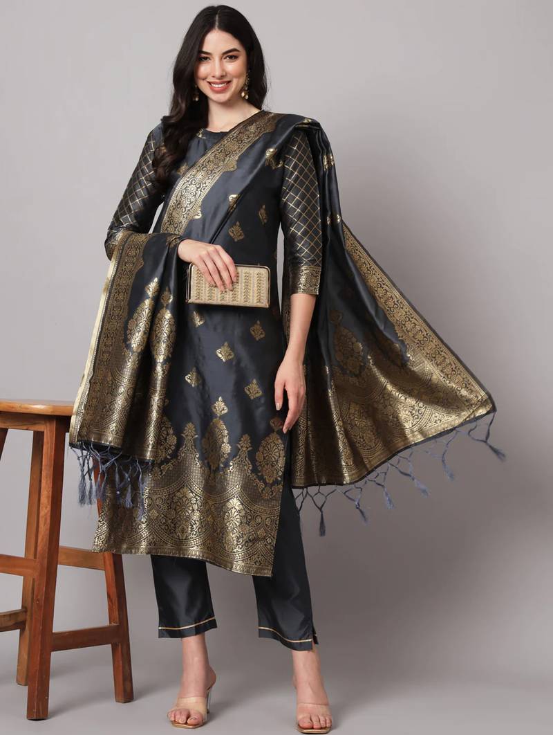 Grey cotton silk jacquard designer festive wear readymade suit