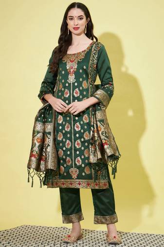 Green cotton silk jacquard designer festive wear readymade suit