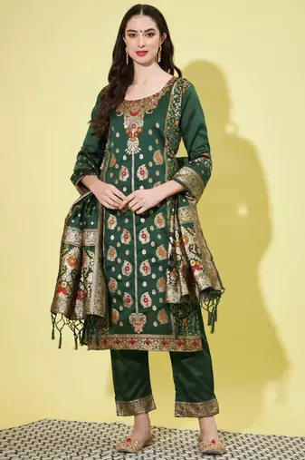 Green cotton silk jacquard designer festive wear readymade suit