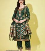 Green cotton silk jacquard designer festive wear readymade suit