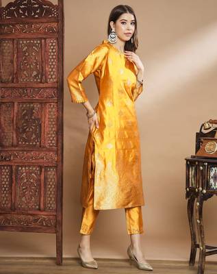 Yellow cotton silk jacquard designer festive wear readymade suit 3
