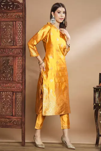 Yellow cotton silk jacquard designer festive wear readymade suit