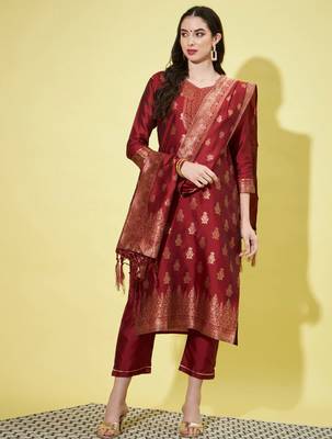 Maroon cotton silk jacquard designer festive wear readymade suit 1