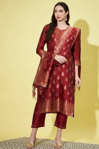 Maroon cotton silk jacquard designer festive wear readymade suit