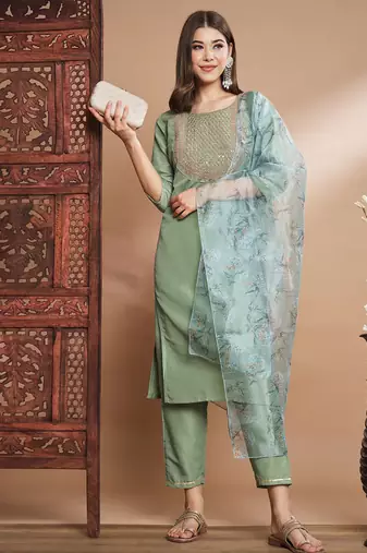Green silk blend designer festive wear readymade suit