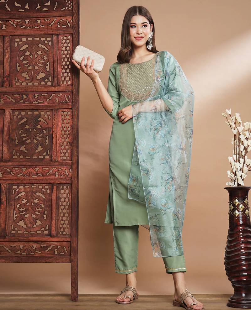 Green silk blend designer festive wear readymade suit