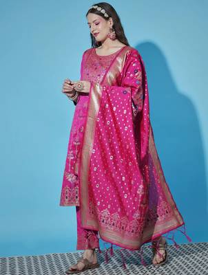 Pink cotton silk jacquard designer festive wear readymade suit 2