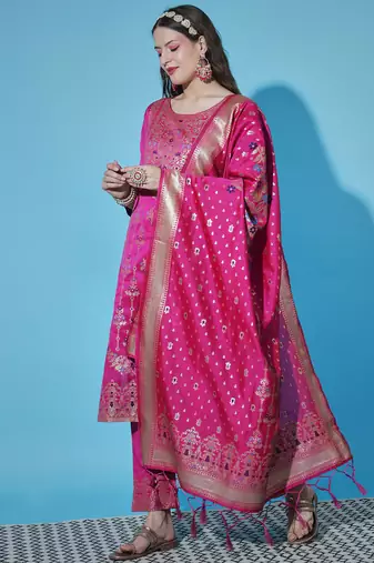 Pink cotton silk jacquard designer festive wear readymade suit