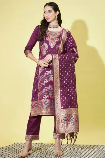 Purple cotton silk jacquard designer festive wear readymade suit