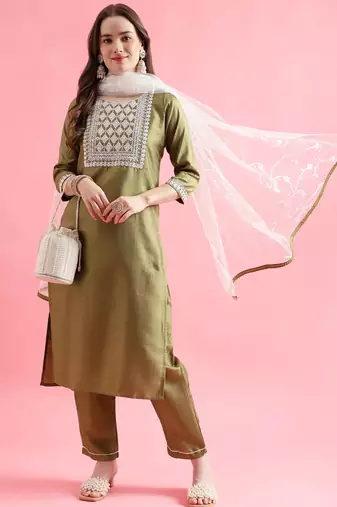 Light pista silk blend designer festive wear readymade suit