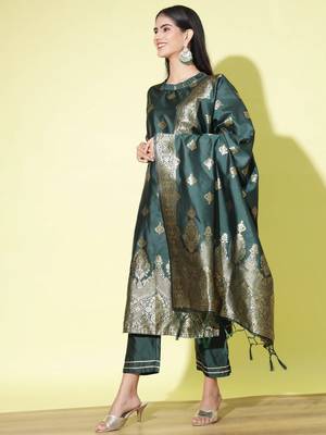 Green cotton silk jacquard designer festive wear readymade suit 2