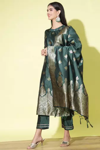 Green cotton silk jacquard designer festive wear readymade suit