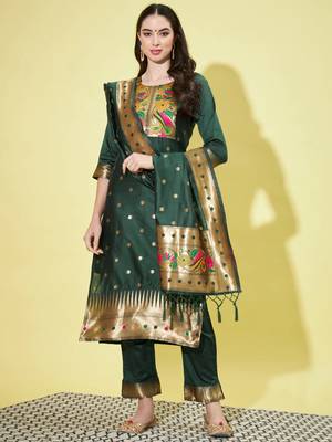 Green silk jacquard designer festive wear readymade suit 2