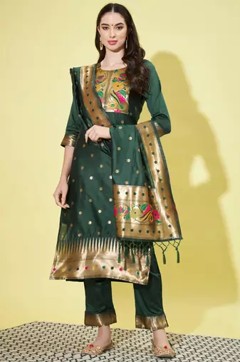Green silk jacquard designer festive wear readymade suit
