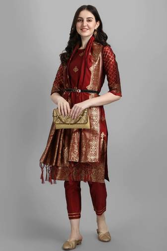 Maroon cotton silk jacquard designer festive wear readymade suit