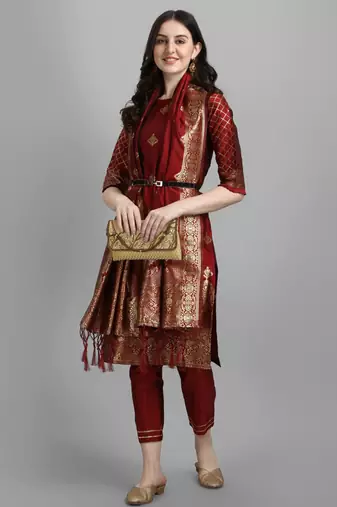 Maroon cotton silk jacquard designer festive wear readymade suit