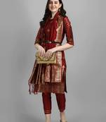 Maroon cotton silk jacquard designer festive wear readymade suit