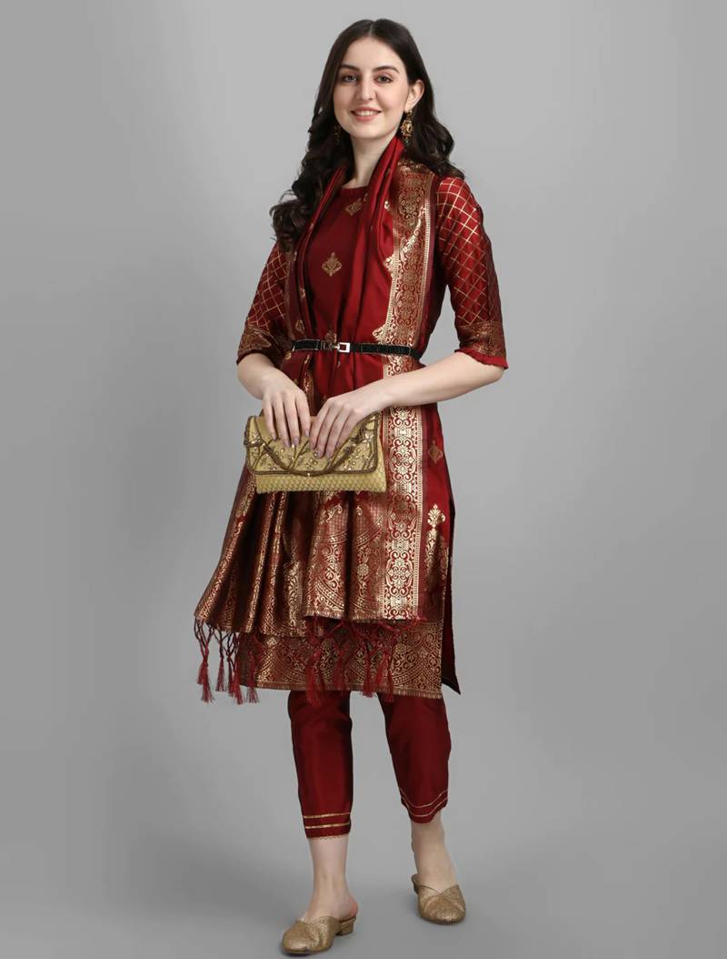 Maroon cotton silk jacquard designer festive wear readymade suit