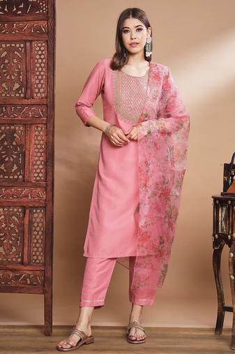 Pink silk blend designer festive wear readymade suit