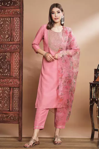 Pink silk blend designer festive wear readymade suit