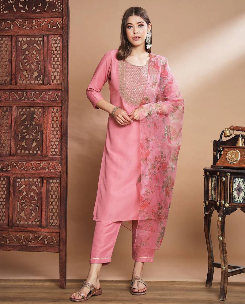 Pink silk blend designer festive wear readymade suit