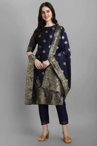 Navy-blue cotton silk jacquard designer festive wear readymade suit