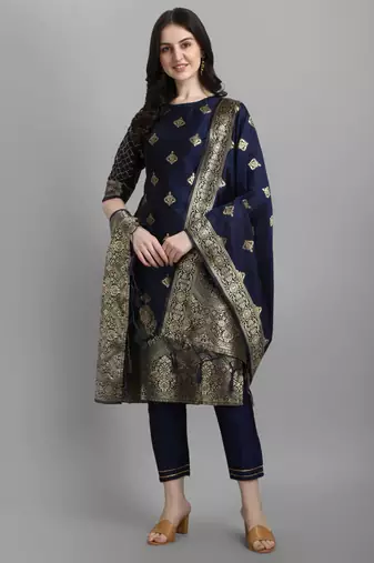 Navy-blue cotton silk jacquard designer festive wear readymade suit