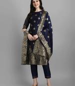 Navy-blue cotton silk jacquard designer festive wear readymade suit