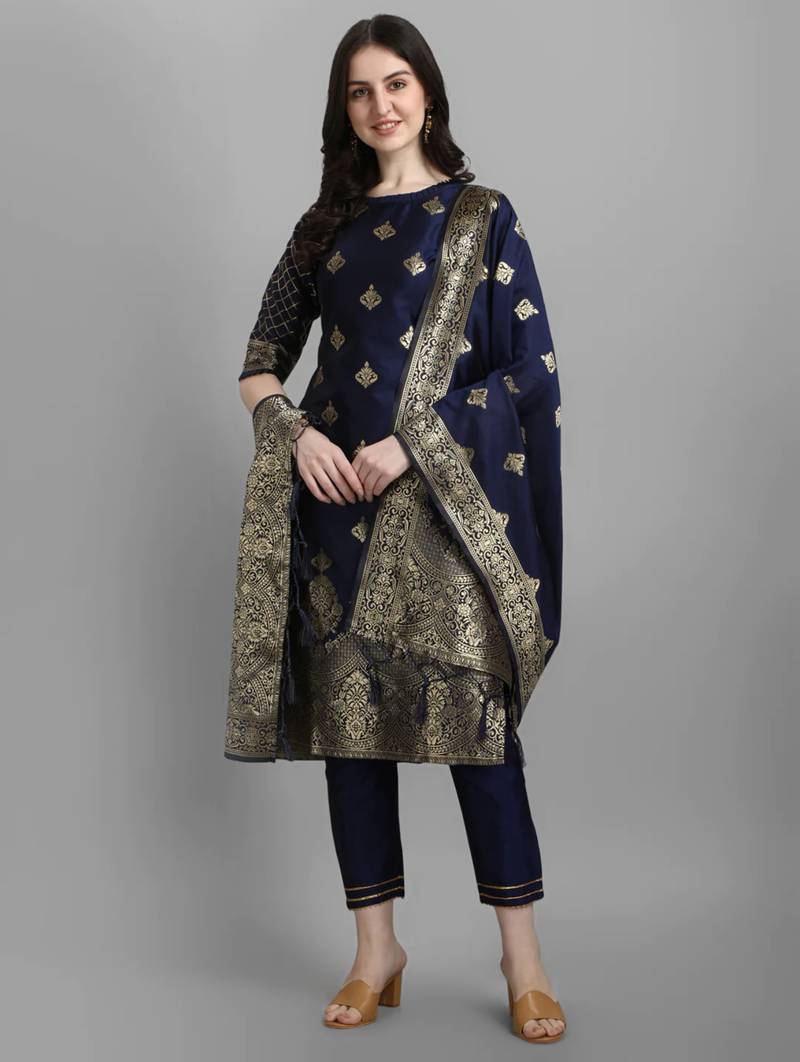 Navy-blue cotton silk jacquard designer festive wear readymade suit