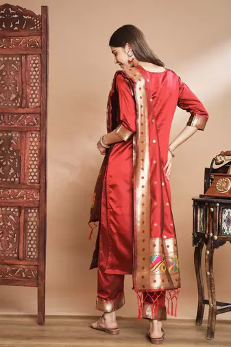 Maroon silk jacquard designer festive wear readymade suit