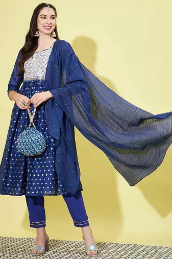 Royal blue chanderi modal butti designer festive wear readymade suit