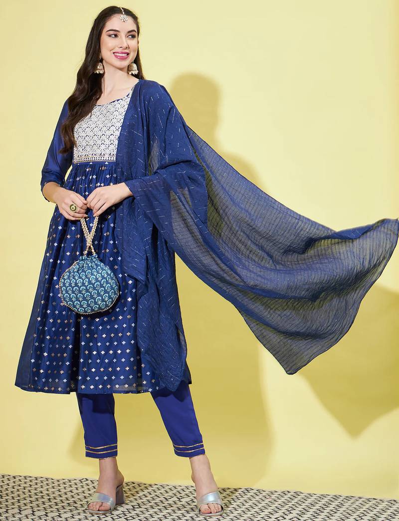 Royal blue chanderi modal butti designer festive wear readymade suit
