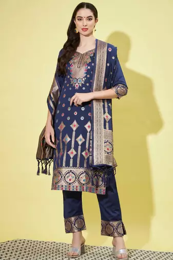 Blue cotton silk jacquard designer festive wear readymade suit