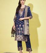 Blue cotton silk jacquard designer festive wear readymade suit