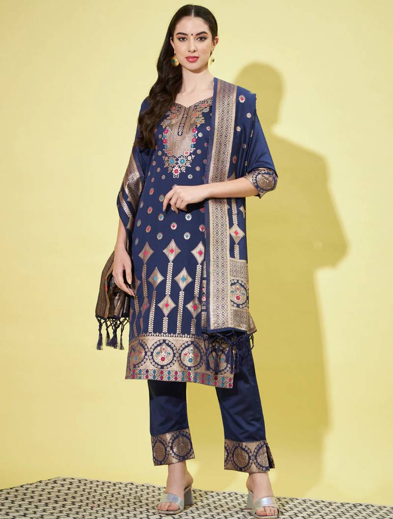 Blue cotton silk jacquard designer festive wear readymade suit