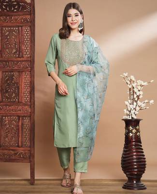 Green silk blend designer festive wear readymade suit 2