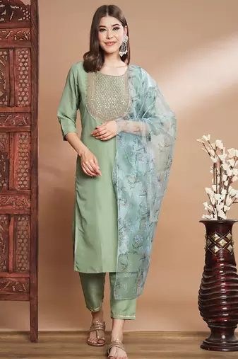 Green silk blend designer festive wear readymade suit