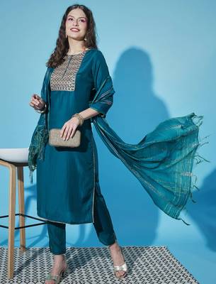 Teal cotton silk jacquard designer festive wear readymade suit 2