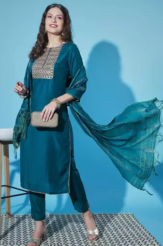 Teal cotton silk jacquard designer festive wear readymade suit