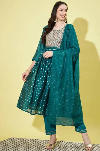Teal chanderi modal butti designer festive wear readymade suit