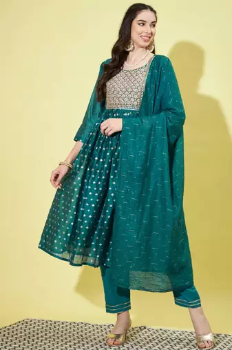 Teal chanderi modal butti designer festive wear readymade suit