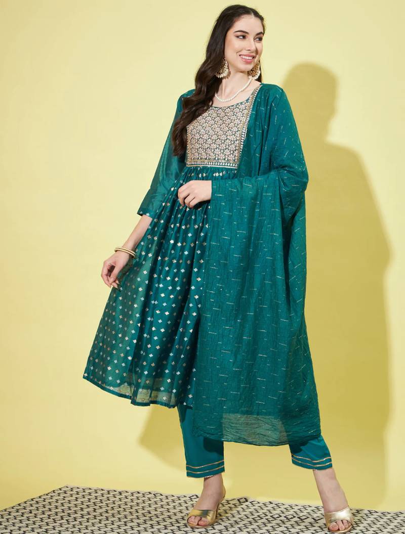 Teal chanderi modal butti designer festive wear readymade suit