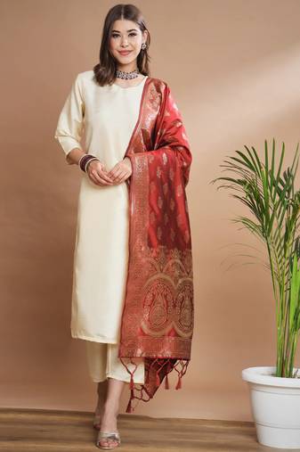 Cream cotton silk blend designer festive wear readymade suit