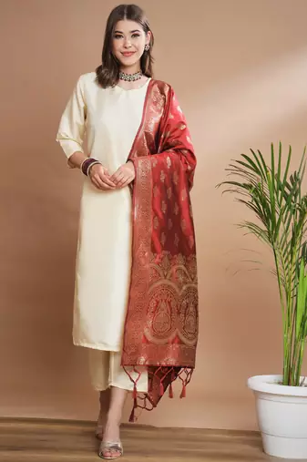 Cream cotton silk blend designer festive wear readymade suit