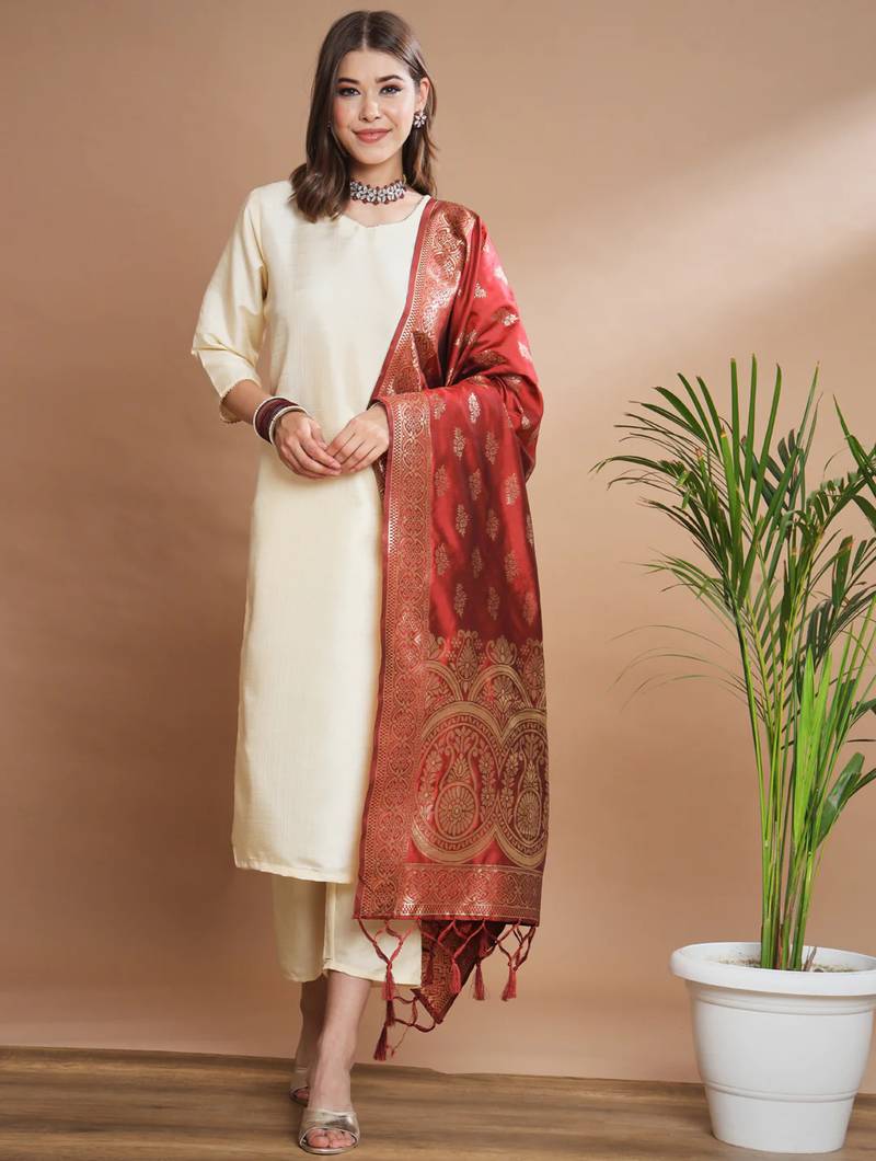 Cream cotton silk blend designer festive wear readymade suit