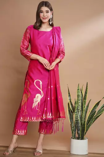 Pink cotton silk jacquard designer festive wear readymade suit