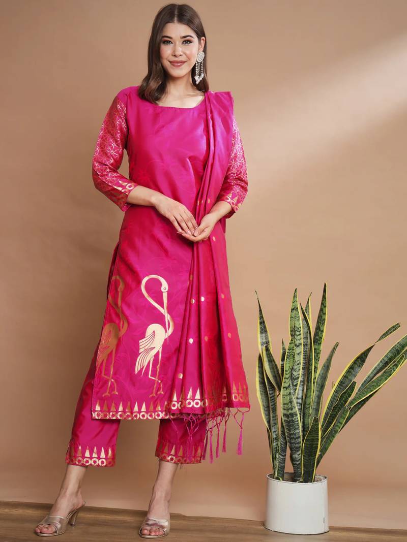 Pink cotton silk jacquard designer festive wear readymade suit